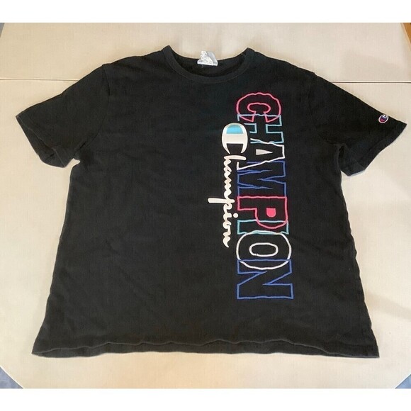 Champion T-Shirt Embroidered Black Pink Blue Size Large 100% Cotton - Picture 1 of 7